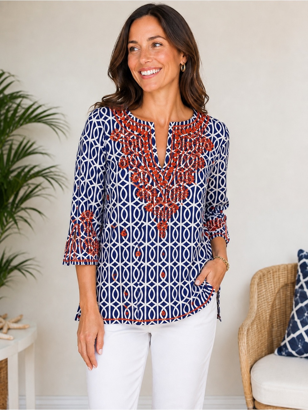 Gretchen Scott Blue Orange Stripe Embroidered Tunic Top Womens Size Medium M